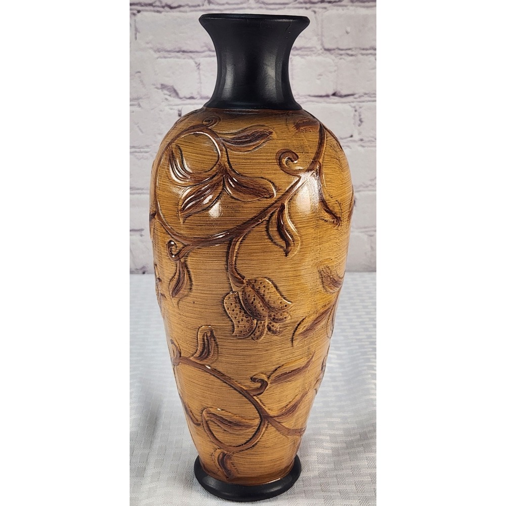 Vintage Asian Inspired Floral Leaf 12" Princess House Vase Tan Brown